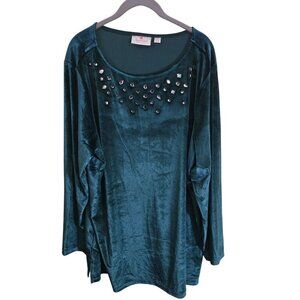 Quacker Factory Emerald Green Velvet Embellished Tunic Top Chunky Stones Size XL